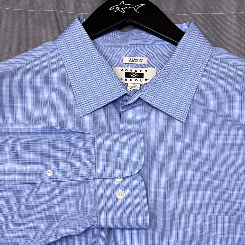 Joseph Abboud Dress Shirt Mens 19 34/35 Blue Fine Plaid No Wrinkle Classic Fit